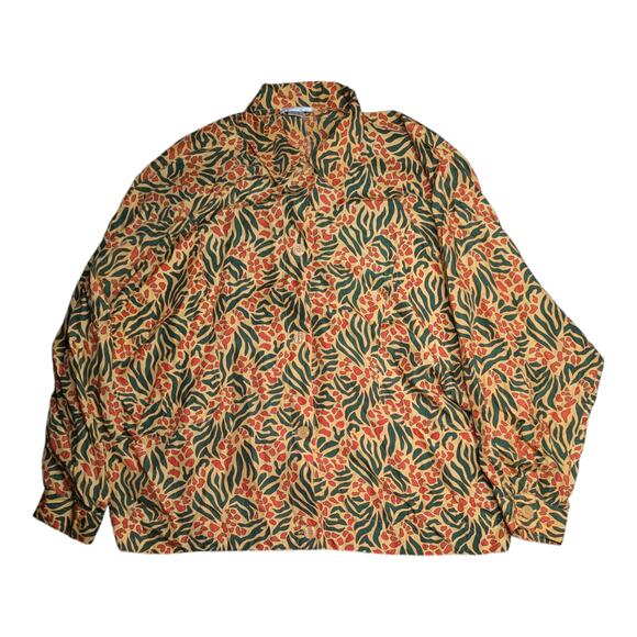 Vtg 1990s Paula Saher Yellow Green Tropical Floral 100% Silk Button Up Top 2X - Picture 1 of 5